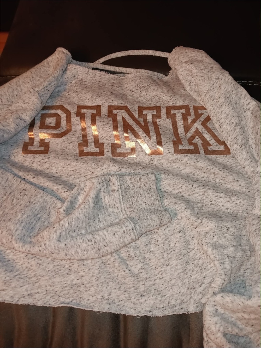 PINK Victoria's Secret Heather Gray Sweatshirt with Metallic Rose Gold Logo